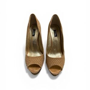 ZiGiny Black Label Tan Suede Peep-Toe Stud Heels 5” Heel with 2” Platform